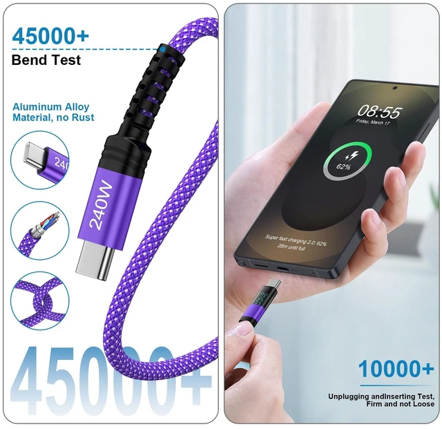 Alt view image 6 of 7 - 240W USB C to USB C Cable 6ft Type C Fast Charging Cord with LED Display | Braided USB C Charging Cords for Samsung Galaxy S26 Ultra S25 FE S24 A37 A36 A57 A56 A17 A16, iPhone 17 16 Pro Max, 2Pack