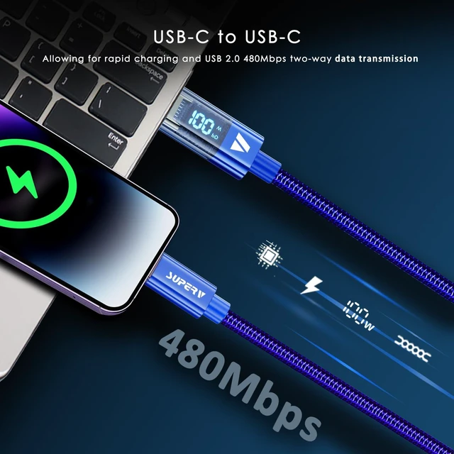 Alt view image 3 of 7 - 6.6ft/200cm Type C Cable Type C Charger Fast Charging Cable 5A PD 100w 6.6FT USB C Cable with LED Display 480Mbps Data Nylon Braided Blue Cable