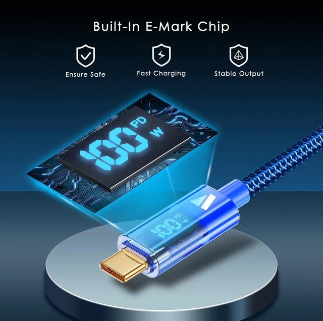 Alt view image 4 of 7 - 6.6ft/200cm Type C Cable Type C Charger Fast Charging Cable 5A PD 100w 6.6FT USB C Cable with LED Display 480Mbps Data Nylon Braided Blue Cable