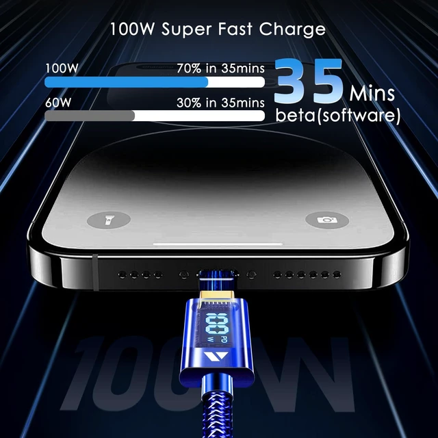 Alt view image 5 of 7 - 6.6ft/200cm Type C Cable Type C Charger Fast Charging Cable 5A PD 100w 6.6FT USB C Cable with LED Display 480Mbps Data Nylon Braided Blue Cable