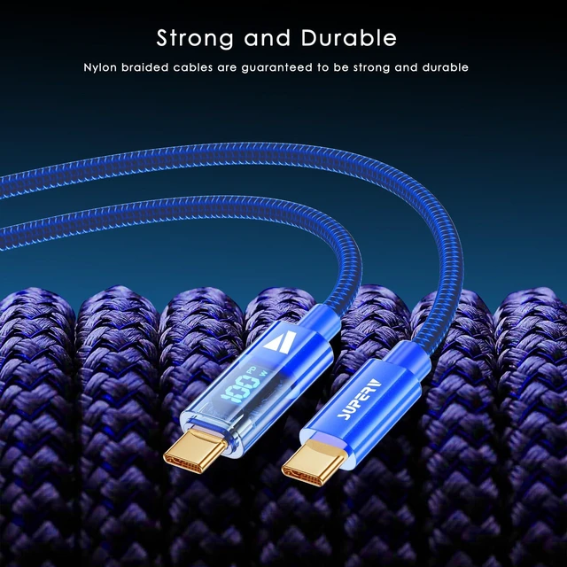 Alt view image 6 of 7 - 6.6ft/200cm Type C Cable Type C Charger Fast Charging Cable 5A PD 100w 6.6FT USB C Cable with LED Display 480Mbps Data Nylon Braided Blue Cable