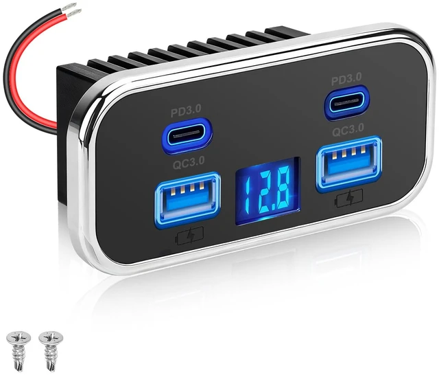 Main image of 12V USB Outlet Panel, 4-Port Car Charger with Dual 20W PD USB-C & Dual 18W QC3.0 Ports, Built-in Voltmeter, 12V/24V RV Charging Panel for Camper Travel Trailer