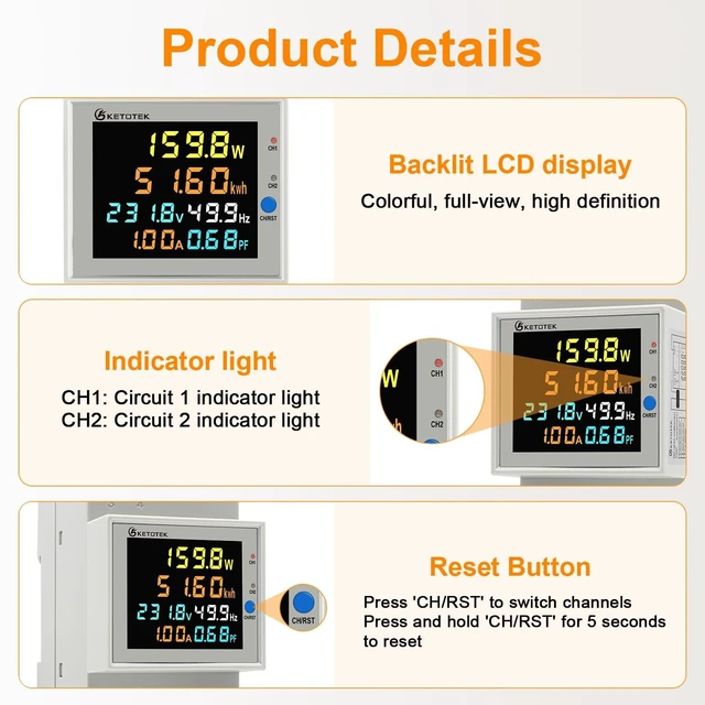 Alt view image 3 of 7 - Power Meter Single Phase, 2 Channels, Energy Meter DIN Rail Electricity Usage Monitor with LCD, kWh Meter AC40-300V 100A, Ammeter Voltmeter with Split Core Current Transformer CT