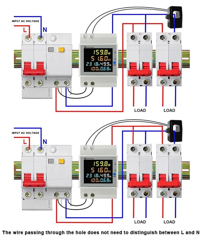 Alt view image 6 of 7 - Power Meter Single Phase, 2 Channels, Energy Meter DIN Rail Electricity Usage Monitor with LCD, kWh Meter AC40-300V 100A, Ammeter Voltmeter with Split Core Current Transformer CT