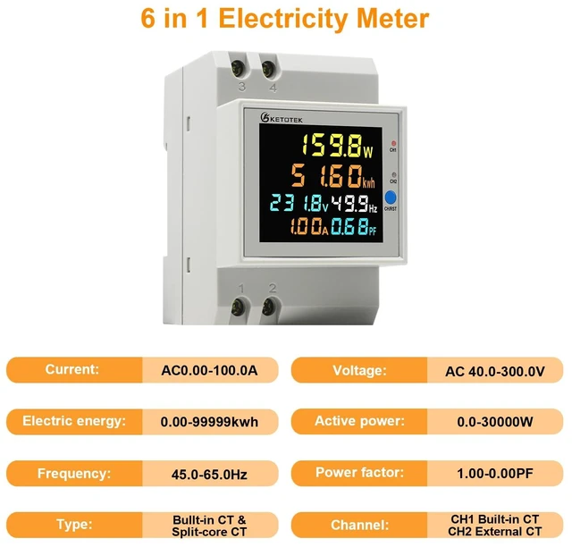 Alt view image 2 of 7 - Power Meter Single Phase, 2 Channels, Energy Meter DIN Rail Electricity Usage Monitor with LCD, kWh Meter AC40-300V 100A, Ammeter Voltmeter with Split Core Current Transformer CT