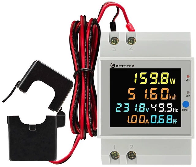 Main image of Power Meter Single Phase, 2 Channels, Energy Meter DIN Rail Electricity Usage Monitor with LCD, kWh Meter AC40-300V 100A, Ammeter Voltmeter with Split Core Current Transformer CT
