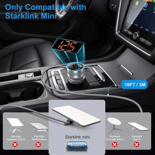 Alt view image 2 of 7 - Starlink Mini Car Adapter with 10FT Stable 12V-24V DC Power Cable | Cigarette Lighter Adapter with Voltage Meter Dual USB-C PD 30W+USB-A 18W Car Charger Plug&Play Starlink Mini for Cars,RV,Boat