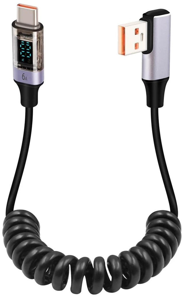 Main image of Coiled USB to USB C Cable with LED Display, 90 Degree 66W Fast Charging Retractable USBC Cord for Phones, Tablets, Power Bank and More (90 Degree USB A to C)