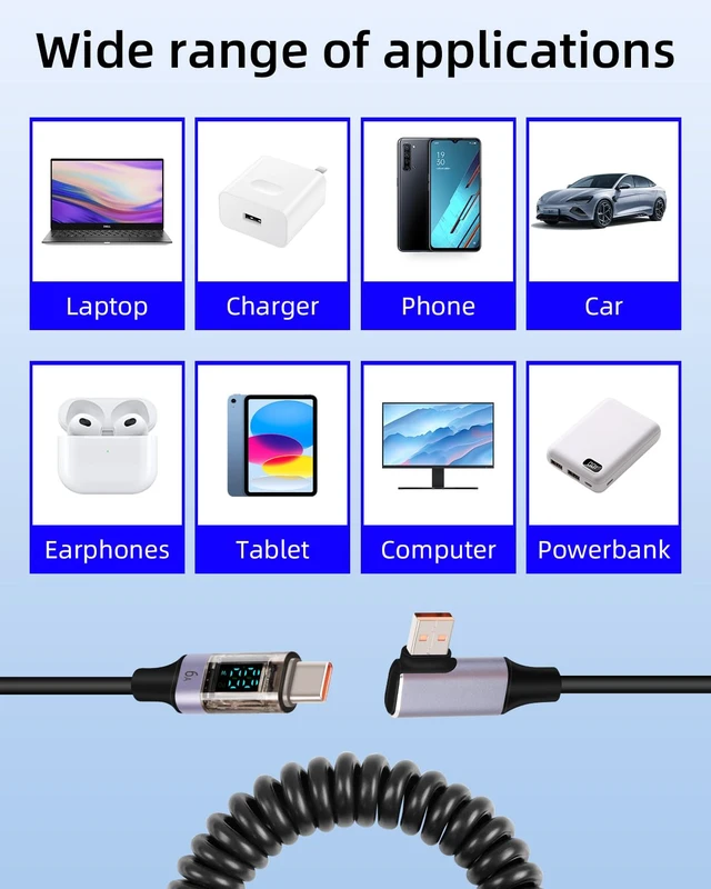 Alt view image 6 of 7 - Coiled USB to USB C Cable with LED Display, 90 Degree 66W Fast Charging Retractable USBC Cord for Phones, Tablets, Power Bank and More (90 Degree USB A to C)
