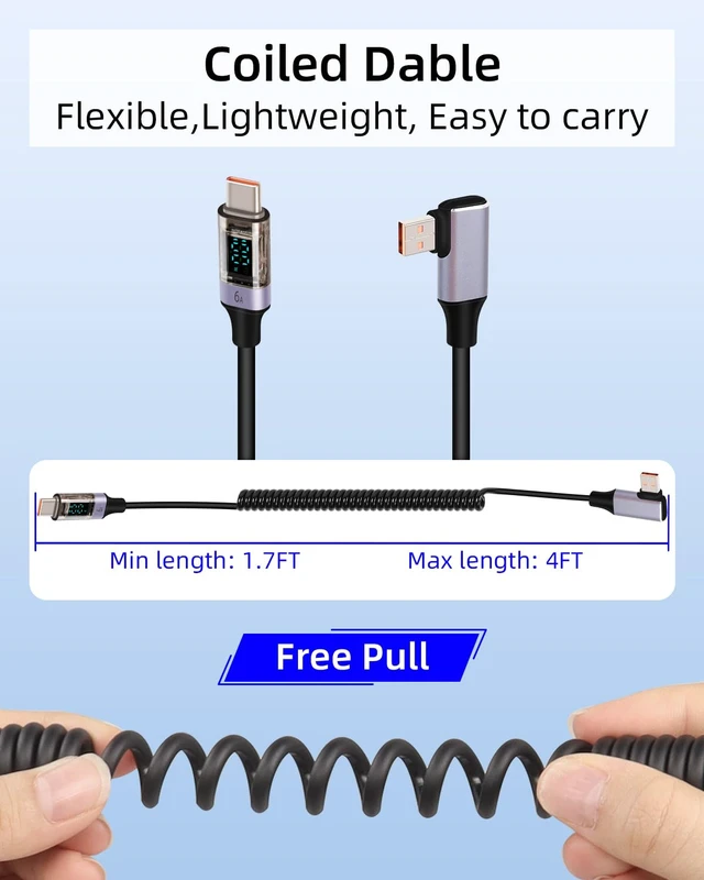 Alt view image 7 of 7 - Coiled USB to USB C Cable with LED Display, 90 Degree 66W Fast Charging Retractable USBC Cord for Phones, Tablets, Power Bank and More (90 Degree USB A to C)