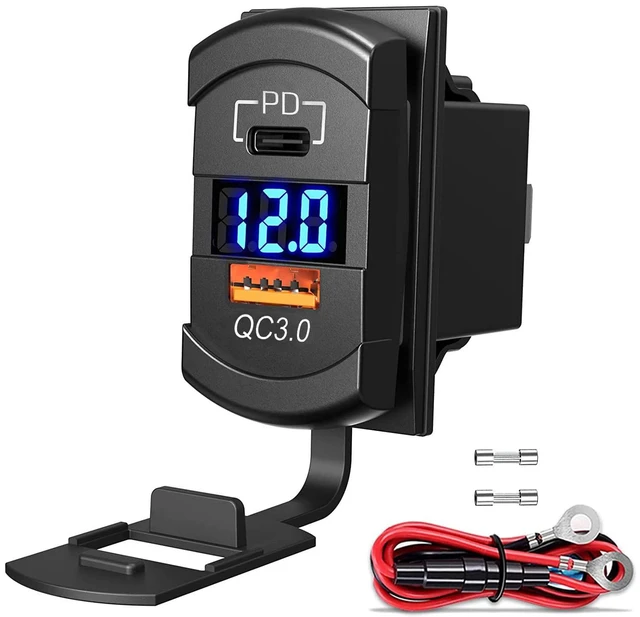 Main image of 12V USB Outlet QC 3.0 PD Type C Rocker Switch Voltmeter Waterproof Marine | 60W USB-C PD 36W + QC 18W, IP65 waterproof cap, LED voltmeter, rocker switch, snap-in fit for boat RV car.