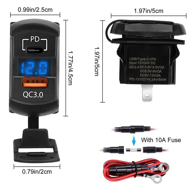 Alt view image 2 of 6 - 12V USB Outlet QC 3.0 PD Type C Rocker Switch Voltmeter Waterproof Marine | 60W USB-C PD 36W + QC 18W, IP65 waterproof cap, LED voltmeter, rocker switch, snap-in fit for boat RV car.