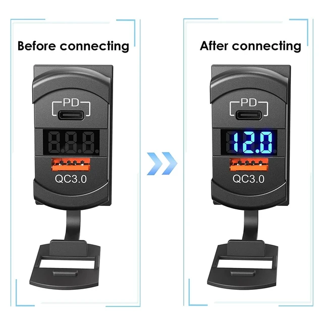 Alt view image 4 of 6 - 12V USB Outlet QC 3.0 PD Type C Rocker Switch Voltmeter Waterproof Marine | 60W USB-C PD 36W + QC 18W, IP65 waterproof cap, LED voltmeter, rocker switch, snap-in fit for boat RV car.