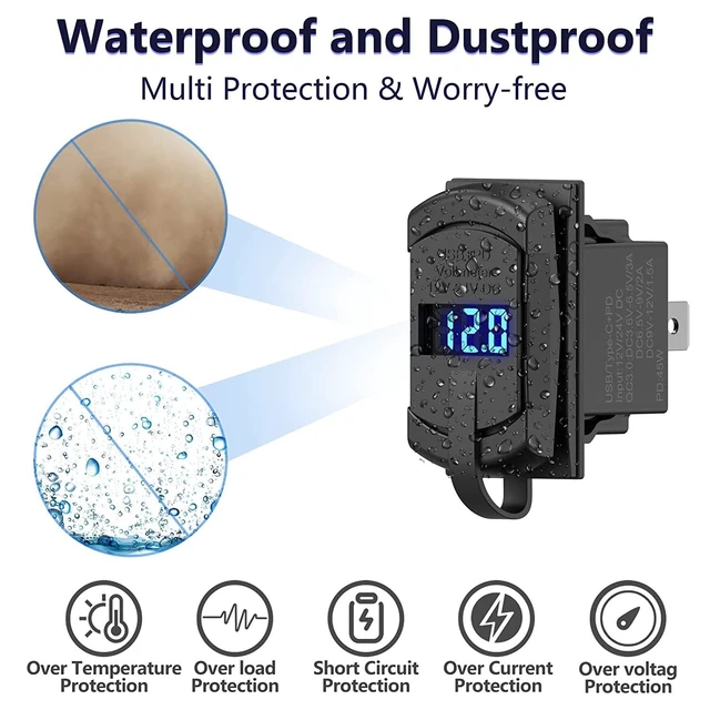 Alt view image 5 of 6 - 12V USB Outlet QC 3.0 PD Type C Rocker Switch Voltmeter Waterproof Marine | 60W USB-C PD 36W + QC 18W, IP65 waterproof cap, LED voltmeter, rocker switch, snap-in fit for boat RV car.