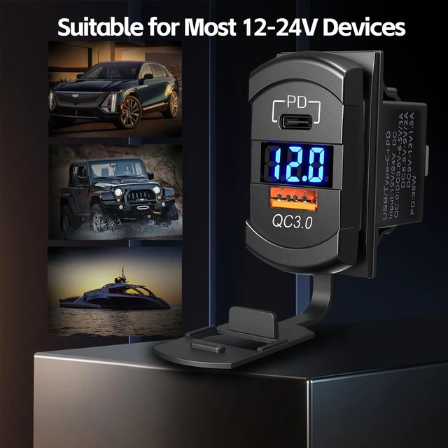 Alt view image 6 of 6 - 12V USB Outlet QC 3.0 PD Type C Rocker Switch Voltmeter Waterproof Marine | 60W USB-C PD 36W + QC 18W, IP65 waterproof cap, LED voltmeter, rocker switch, snap-in fit for boat RV car.