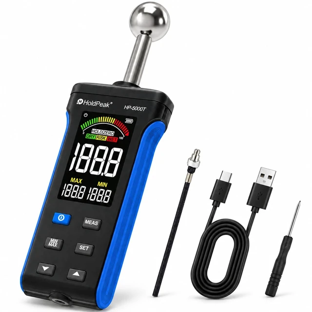 Main image of Pinless Moisture Meter for Wood and Walls, Moisture Detector | Non-destructive moisture detection for wood and walls, 0.8-1.6 in depth, with color LCD, moisture alarm and USB-C charging