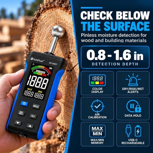 Alt view image 2 of 7 - Pinless Moisture Meter for Wood and Walls, Moisture Detector | Non-destructive moisture detection for wood and walls, 0.8-1.6 in depth, with color LCD, moisture alarm and USB-C charging
