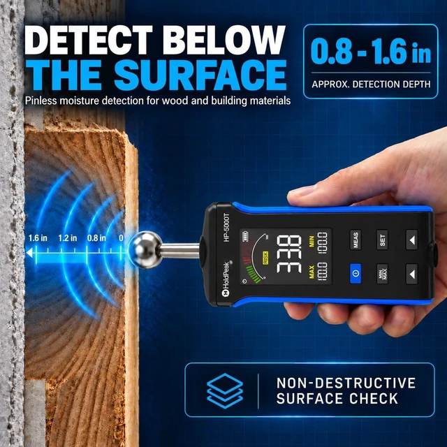 Alt view image 3 of 7 - Pinless Moisture Meter for Wood and Walls, Moisture Detector | Non-destructive moisture detection for wood and walls, 0.8-1.6 in depth, with color LCD, moisture alarm and USB-C charging