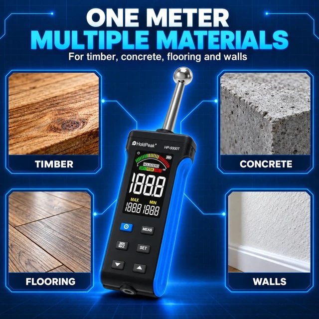 Alt view image 4 of 7 - Pinless Moisture Meter for Wood and Walls, Moisture Detector | Non-destructive moisture detection for wood and walls, 0.8-1.6 in depth, with color LCD, moisture alarm and USB-C charging