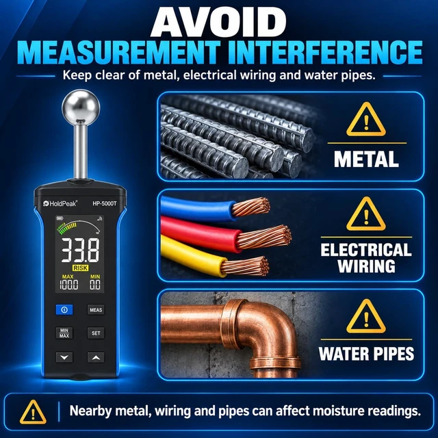 Alt view image 6 of 7 - Pinless Moisture Meter for Wood and Walls, Moisture Detector | Non-destructive moisture detection for wood and walls, 0.8-1.6 in depth, with color LCD, moisture alarm and USB-C charging
