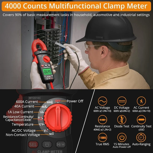 Alt view image 4 of 7 - Clamp Meter 4000 Counts Amp Meter for AC Current AC/DC Voltage 600A | TRMS Auto Range Digital Multimeter with Capacitance Continuity Resistance NCV Diode Test for Car Electric Cabinet