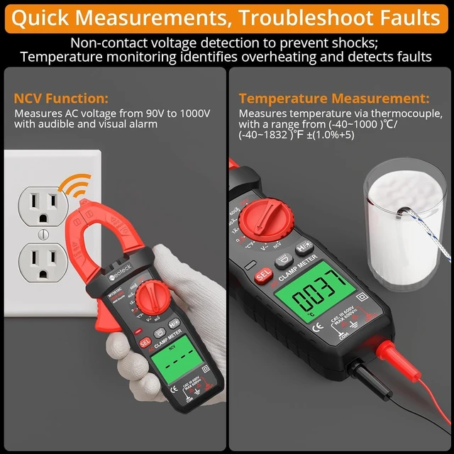 Alt view image 6 of 7 - Clamp Meter 4000 Counts Amp Meter for AC Current AC/DC Voltage 600A | TRMS Auto Range Digital Multimeter with Capacitance Continuity Resistance NCV Diode Test for Car Electric Cabinet