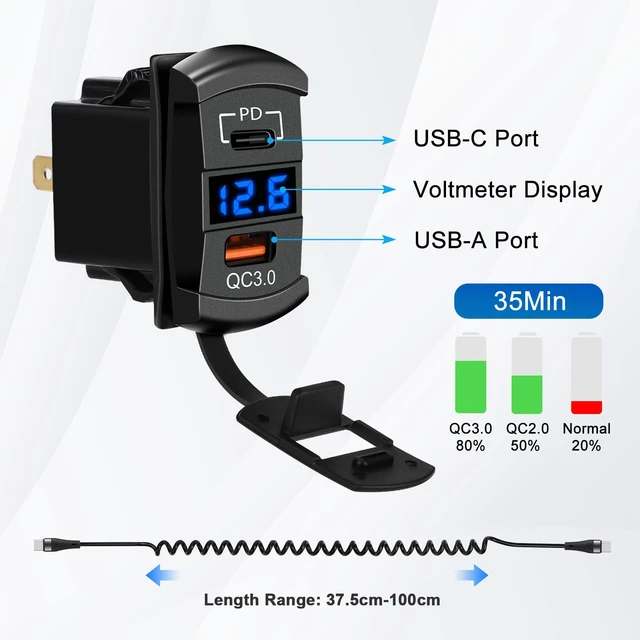 Alt view image 2 of 7 - USB Rocker Switch Outlet with Voltmeter, USB-C PD & USB-A Fast Charging Panel Mount for 12V/24V Car, RV, Boat
