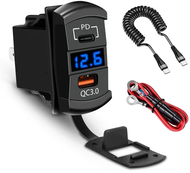 Main image of USB Rocker Switch Outlet with Voltmeter, USB-C PD & USB-A Fast Charging Panel Mount for 12V/24V Car, RV, Boat