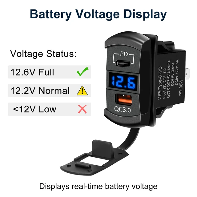 Alt view image 4 of 7 - USB Rocker Switch Outlet with Voltmeter, USB-C PD & USB-A Fast Charging Panel Mount for 12V/24V Car, RV, Boat