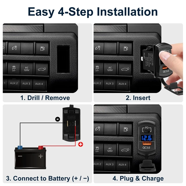 Alt view image 5 of 7 - USB Rocker Switch Outlet with Voltmeter, USB-C PD & USB-A Fast Charging Panel Mount for 12V/24V Car, RV, Boat