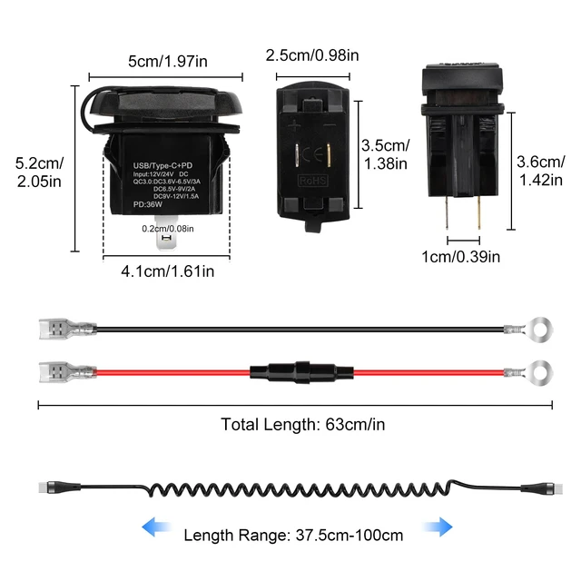 Alt view image 6 of 7 - USB Rocker Switch Outlet with Voltmeter, USB-C PD & USB-A Fast Charging Panel Mount for 12V/24V Car, RV, Boat