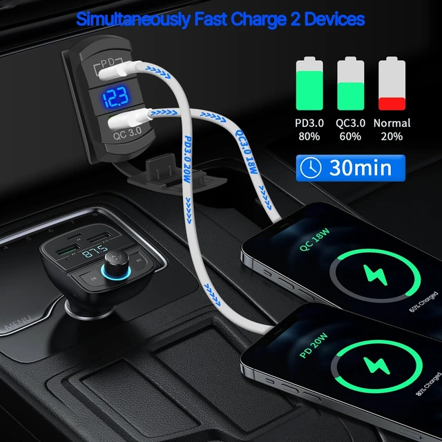 Alt view image 2 of 6 - Rocker Switch Style USB Charger With 10A Fuse for Panel - 4.2A PD Type C 12V 24V Fast Quick Charge Socket Dual Charging Port for Car Boat ATV UTV (Type C + USB Voltmeter Blue)