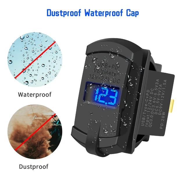 Alt view image 3 of 6 - Rocker Switch Style USB Charger With 10A Fuse for Panel - 4.2A PD Type C 12V 24V Fast Quick Charge Socket Dual Charging Port for Car Boat ATV UTV (Type C + USB Voltmeter Blue)