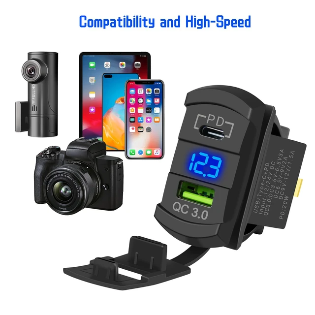 Alt view image 5 of 6 - Rocker Switch Style USB Charger With 10A Fuse for Panel - 4.2A PD Type C 12V 24V Fast Quick Charge Socket Dual Charging Port for Car Boat ATV UTV (Type C + USB Voltmeter Blue)