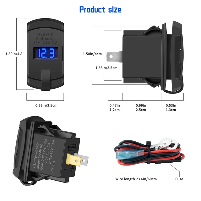 Alt view image 4 of 6 - Rocker Switch Style USB Charger With 10A Fuse for Panel - 4.2A PD Type C 12V 24V Fast Quick Charge Socket Dual Charging Port for Car Boat ATV UTV (Type C + USB Voltmeter Blue)