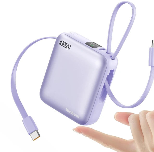 Main image of 10000mAh Small Portable Charger with Built in Cables LED Display Purple | Mini Power Bank 22.5W USB-C Fast Charging Battery Pack, Travel Essential Power Bank for iPhone, iPad, Samsung, Android
