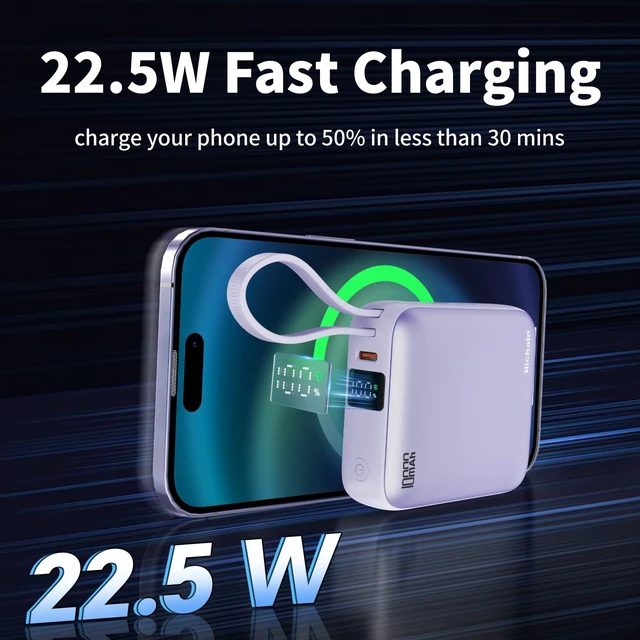 Alt view image 2 of 7 - 10000mAh Small Portable Charger with Built in Cables LED Display Purple | Mini Power Bank 22.5W USB-C Fast Charging Battery Pack, Travel Essential Power Bank for iPhone, iPad, Samsung, Android