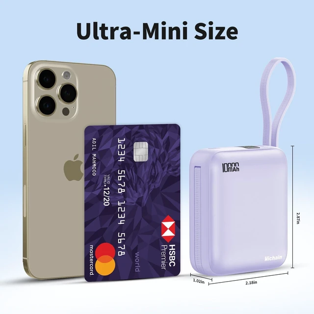 Alt view image 3 of 7 - 10000mAh Small Portable Charger with Built in Cables LED Display Purple | Mini Power Bank 22.5W USB-C Fast Charging Battery Pack, Travel Essential Power Bank for iPhone, iPad, Samsung, Android
