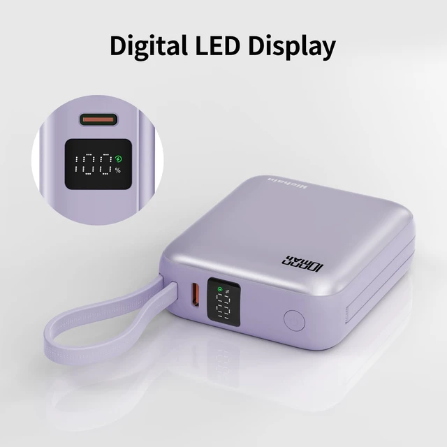 Alt view image 5 of 7 - 10000mAh Small Portable Charger with Built in Cables LED Display Purple | Mini Power Bank 22.5W USB-C Fast Charging Battery Pack, Travel Essential Power Bank for iPhone, iPad, Samsung, Android