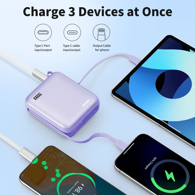 Alt view image 4 of 7 - 10000mAh Small Portable Charger with Built in Cables LED Display Purple | Mini Power Bank 22.5W USB-C Fast Charging Battery Pack, Travel Essential Power Bank for iPhone, iPad, Samsung, Android