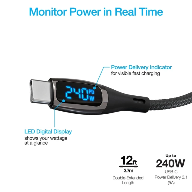 Alt view image 2 of 7 - 12ft Type C to Type C Cable - 240W Black USB-C PD 3.1, E-Marker Chip Phone Cable, Digital Charger LED Power USB-C Display Fast Charging Cord for iPhone 16/15 Galaxy 24/23 MacBook, iPad & More