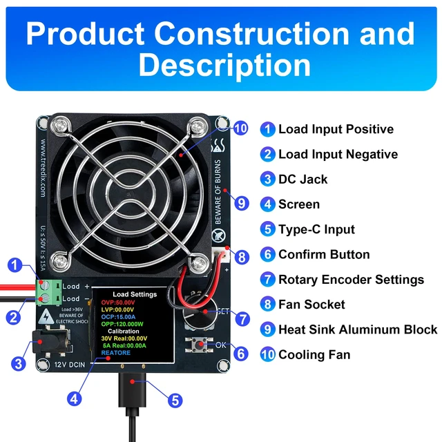 Alt view image 3 of 6 - 120W Mini Electronic Load Tester Constant Current Discharge Module | Battery Load Tester with Color Screen for Li-ion Capacity Data Monitoring