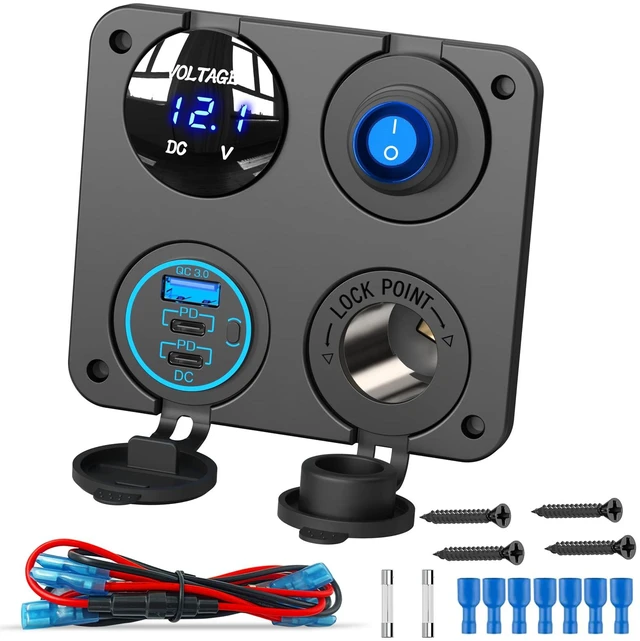 Main image of 12V USB Outlet Socket Panel: (4 in 1) 58W Dual PD3.0 USB C 12V USB Charger 150W Marine Cigarette Lighter Socket 12v Splitter with Voltmeter Digital Display and Waterproof Rocker Toggle Switch 15A Fuse