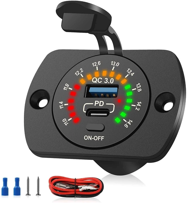 Main image of 12V USB Outlet, 30W PD USB C & 18W QC3.0 Ports Car Charger Socket with Color Voltmeter, Switch for RV Boat Truck