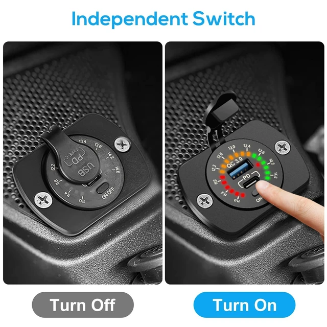Alt view image 3 of 7 - 12V USB Outlet, 30W PD USB C & 18W QC3.0 Ports Car Charger Socket with Color Voltmeter, Switch for RV Boat Truck
