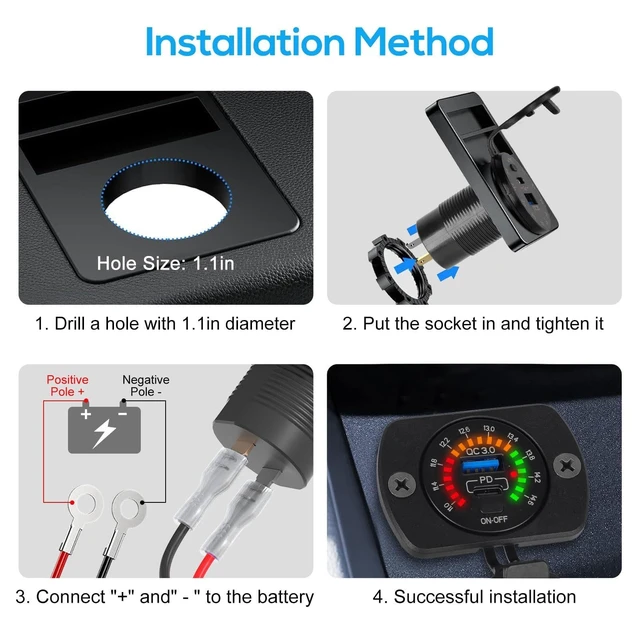 Alt view image 6 of 7 - 12V USB Outlet, 30W PD USB C & 18W QC3.0 Ports Car Charger Socket with Color Voltmeter, Switch for RV Boat Truck