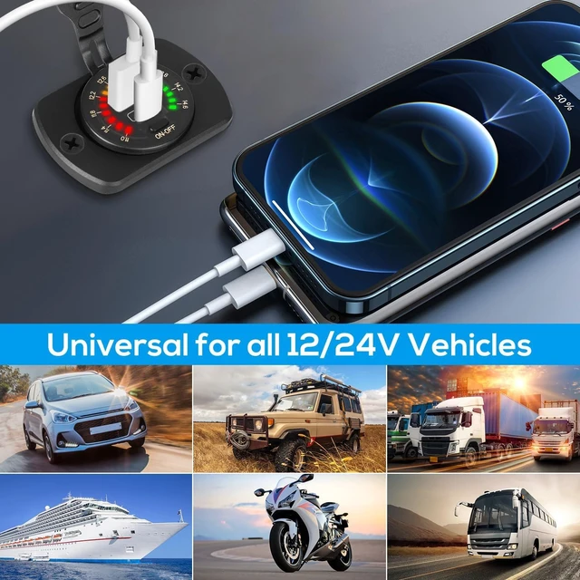 Alt view image 7 of 7 - 12V USB Outlet, 30W PD USB C & 18W QC3.0 Ports Car Charger Socket with Color Voltmeter, Switch for RV Boat Truck