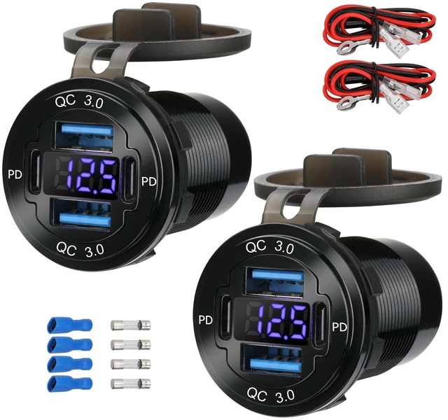 Main image of 2 Pack 12V USB Outlet 4-Port, 78W Dual PD30W & QC3.0 Fast Charger | Waterproof Aluminum Alloy 12v power outlet with Blue Voltmeter for Cars RVs Boats Golf Carts Trucks Motorcycles