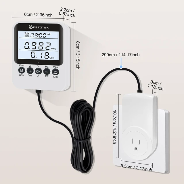 Alt view image 7 of 7 - Watt Meter Plug, Power Meter with Backlight, Upgraded Electricity Usage Monitor Consumption, Display Connected via Cable, Overload Protection, Wattage Meter For Home Electrical Monitoring