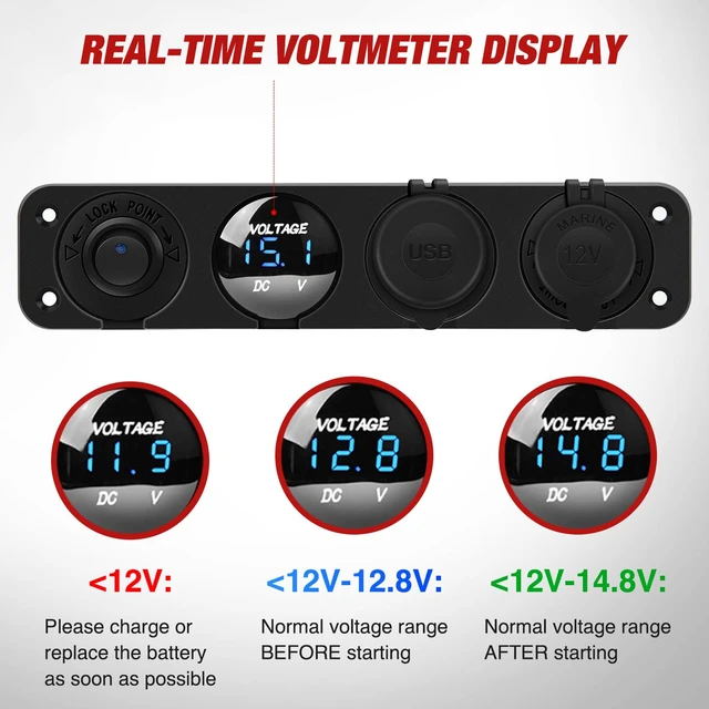 Alt view image 3 of 7 - 4 in 1 ON/Off Charger Socket Panel Rocker Toggle Switch | PD Type C and QC 3.0 USB Power Outlet LED Voltmeter Cigarette Lighter Control Switches for Truck Car Boats RV ATV UTV
